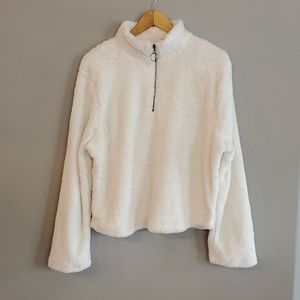 NWOT White teddy bear half zip sweater